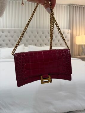 Balenciaga Croc-Embossed Chain Shoulder Bag in Deep Burgundy with Gold Hardware